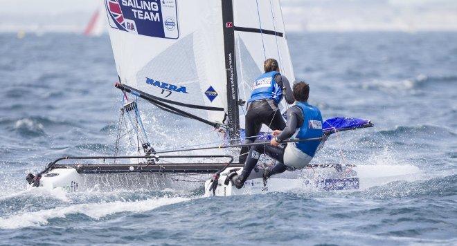 Tom Phipps and Nicola Boniface, GBR, Mixed Multihull (Nacra 17) at day two - 2015 ISAF Sailing WC Weymouth and Portland © onEdition http://www.onEdition.com